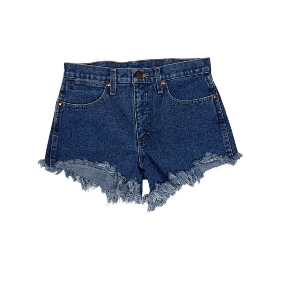 High-Rise Dark Blue Denim Frayed Hem Women's Shorts